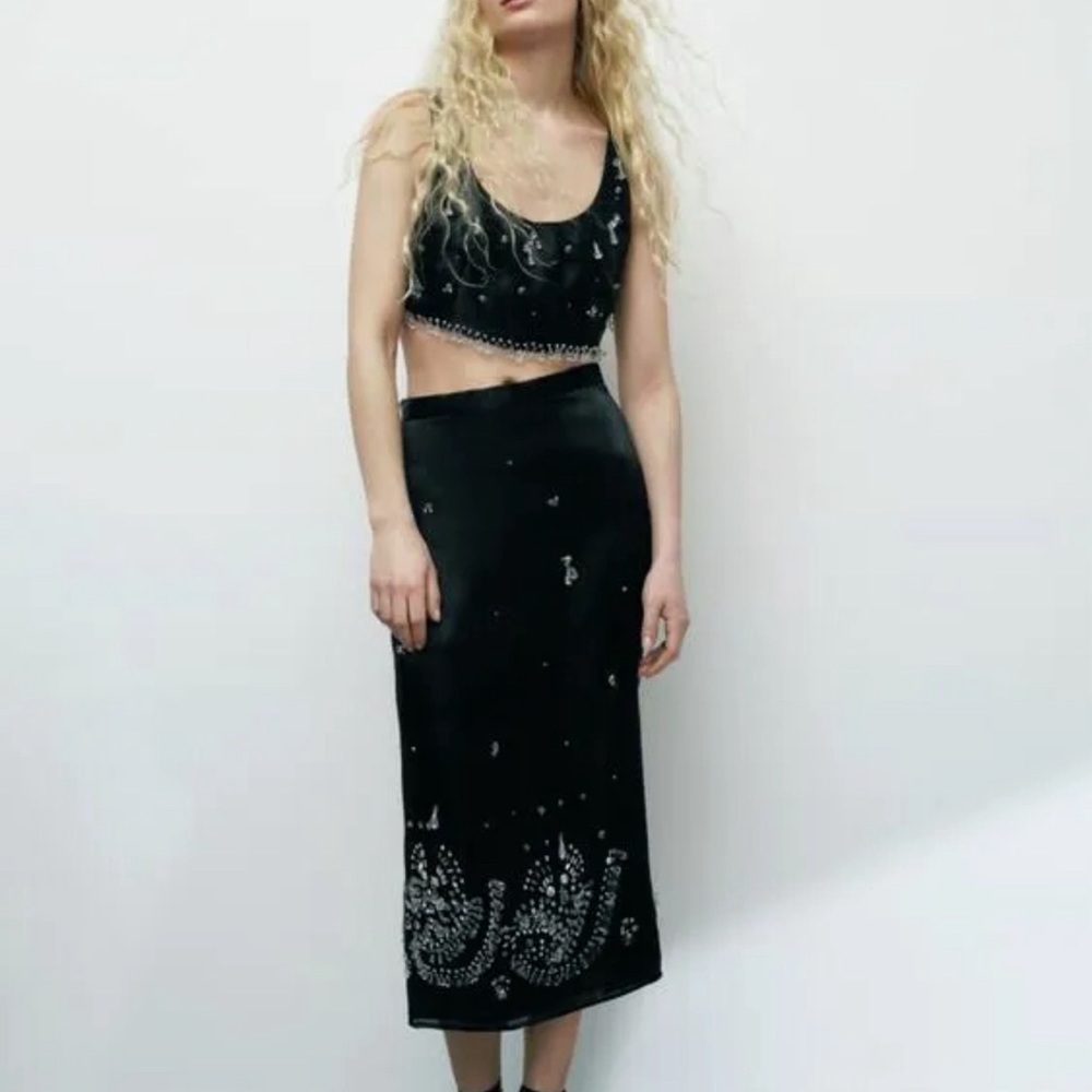 Zara limited edition black clear beaded jewelled sleeveless crop top Sz S NWT - Picture 4 of 16